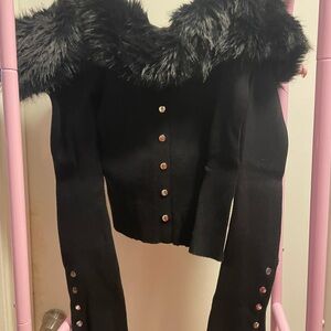 Fashion Nova Black Faux Fur-Trim Button Front Teddy Jacket
